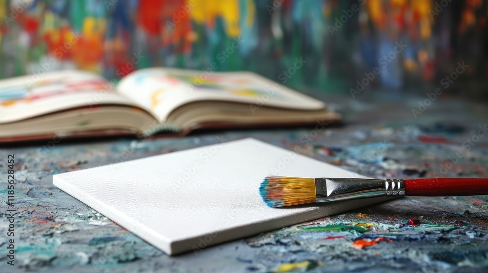 Poster art supplies on textured surface featuring a paintbrush canvas and an open book with colorful backgr