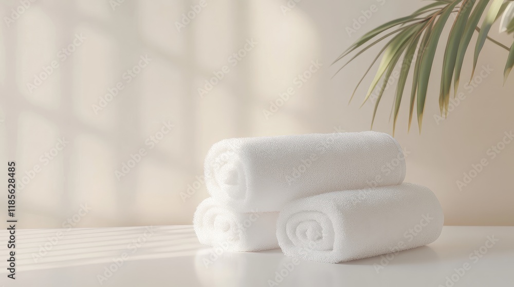 Poster fresh rolled white towels on a clean countertop with soft light and a plant in the background creati