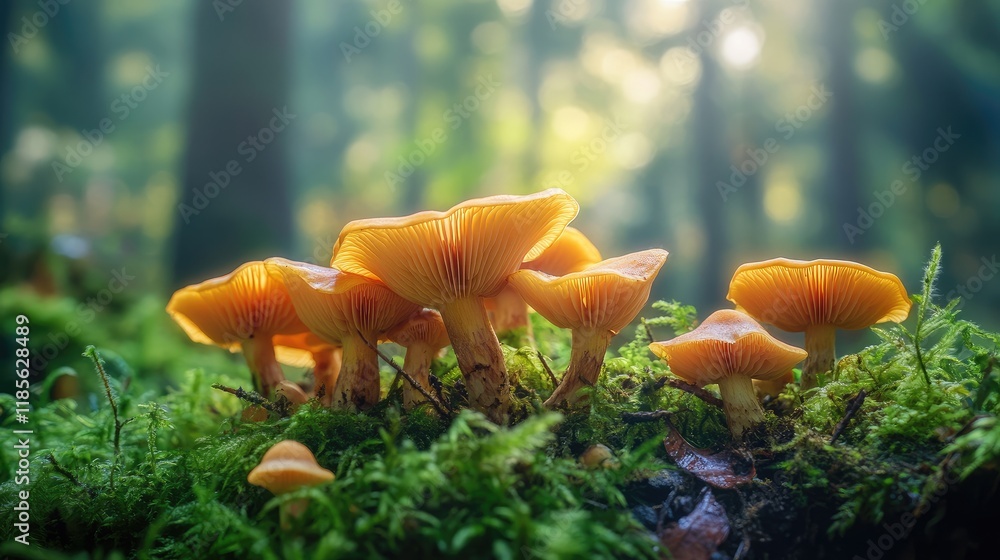Poster golden chanterelle mushrooms growing in a lush green forest setting with sunlight filtering through 
