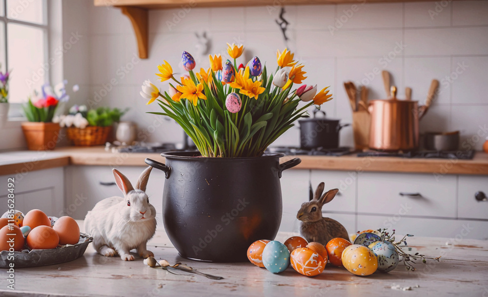 Aufkleber Black pot with a rabbit and a bunch of flowers in it. There are also some eggs and a spoon on the table