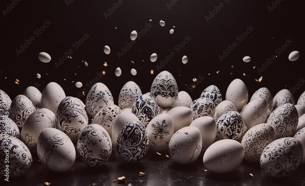 Poster bunch of eggs with designs on them. some are white and some are black. they are scattered all over t