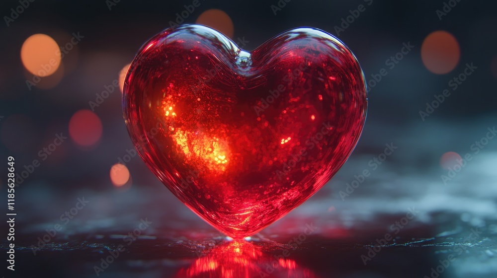 Aufkleber illuminated red glass heart symbolizing love and warmth with a soft bokeh background creating a roma