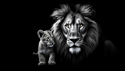 Naklejka premium Majestic Lion and Cub in Monochrome