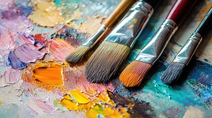 Fototapeta premium Artistic paint brushes resting on a vibrant palette with an array of colors showcasing creativity and artistic expression on a white background.