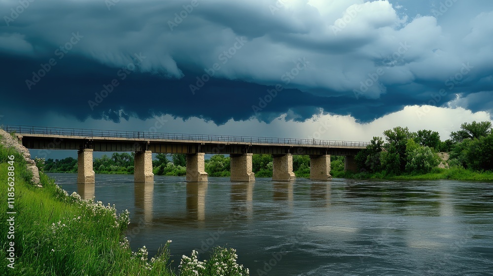 Poster imposing rain clouds gathering over a tranquil bridge creating a dramatic scene before an approachin