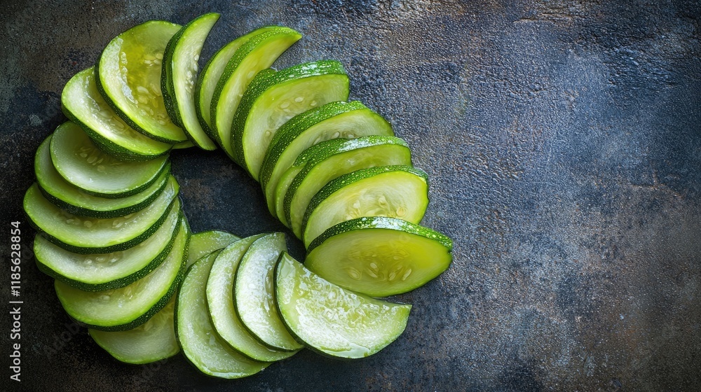Poster freshly sliced zucchini arranged in a circular pattern on a rustic background showcasing vibrant col