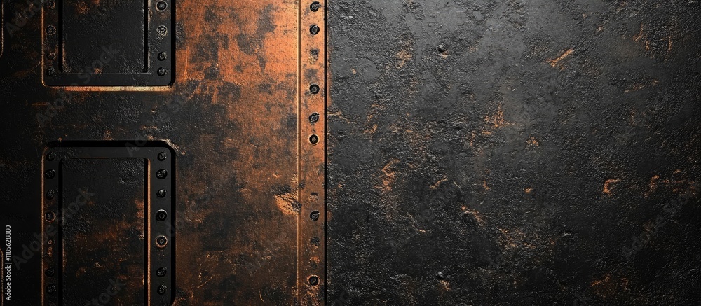 Poster dark industrial grunge background with black and copper metallic panel ideal for product display and