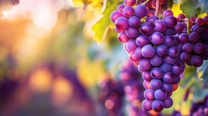 Vibrant clusters of ripe violet grapes hanging from vines in a sunlit vineyard ready for harvest during autumnal season