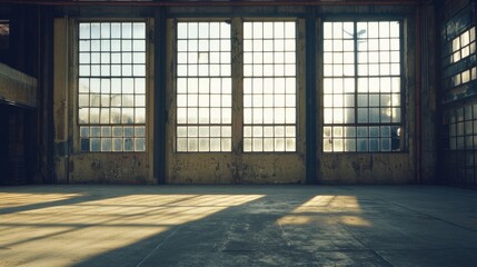 Sunlit Warehouse Interior with Open Shutters and Empty Shelves Ideal for Business Relocation and Industrial Space Planning