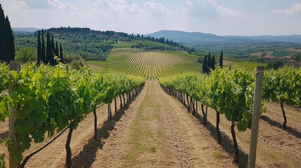 Naklejka premium Breathtaking summer landscape of organized grapevines in sustainable agriculture showcasing vineyards and rolling countryside in the background