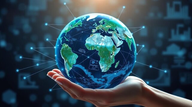 Global networking connection concept illustrated by a hand holding a digital earth globe with data exchanges on next generation technology, science, earth globe, global