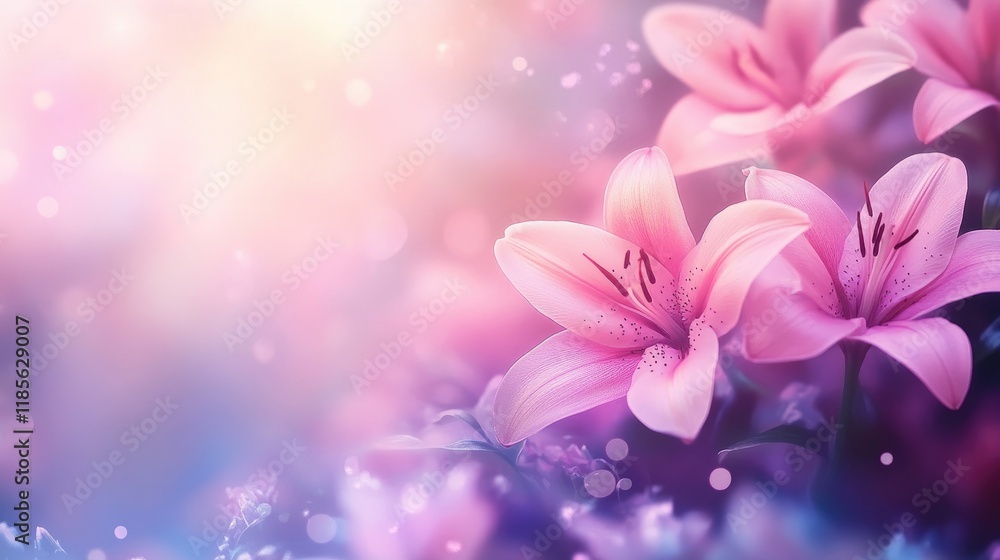 Poster pink lilies with a dreamy bokeh background in a vibrant flower garden creating a serene and soft flo