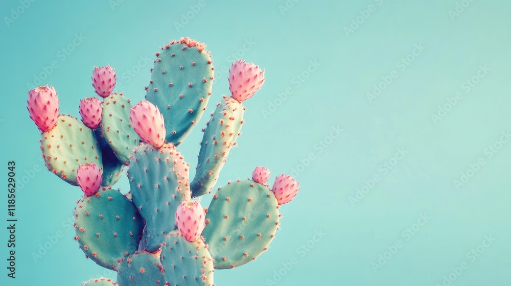 Poster painted cactus design in minimal style with vibrant colors against a soft turquoise background for m