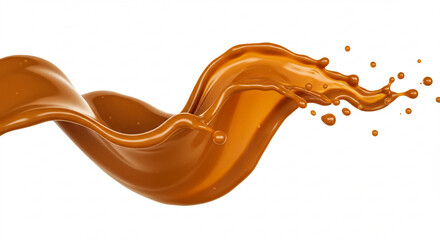 A flowing caramel wave with droplets, creating a dynamic and appetizing visual on a minimal white backdrop.