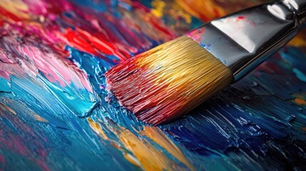 Fototapeta premium Closeup of paintbrush bristles and vibrant multicolor strokes on the artist's canvas showcasing rich texture and artistic expression