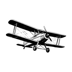 retro airplane flying in the sky amazed engraving black and white outline. Scratch board imitation. © ascrea