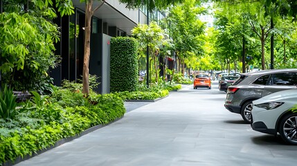 Verdant Urban Street with Lush Landscaping and Public Parking   A modern tropical setting with a dense canopy of trees plants and foliage lining the sidewalks and parking areas