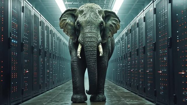 An elephant moves gracefully through a high-tech data center, flanked by towering server racks filled with blinking lights and digital equipment.