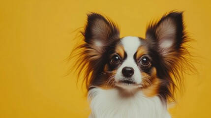 Fototapeta premium Portrait of a charming Papillon dog with long fur against a vibrant yellow backdrop showcasing its expressive eyes and playful demeanor