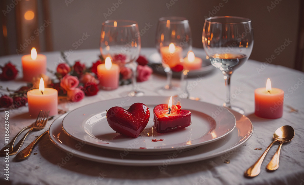 Poster table with a white tablecloth and a plate with two heart shaped desserts. there are also candles and