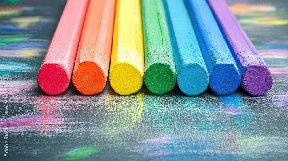 Poster vibrant rainbow chalks arranged in a row showcasing colorful abstract textures on paper surface