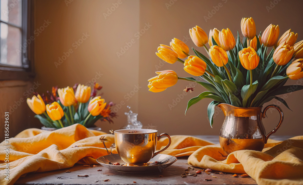 Poster table with a pitcher and a cup of tea. there are flowers in a vase on the table