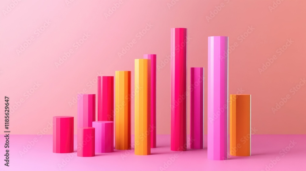 Poster a bold and colorful d bar chart with animated elements, showcasing fluctuating trends in a playful w