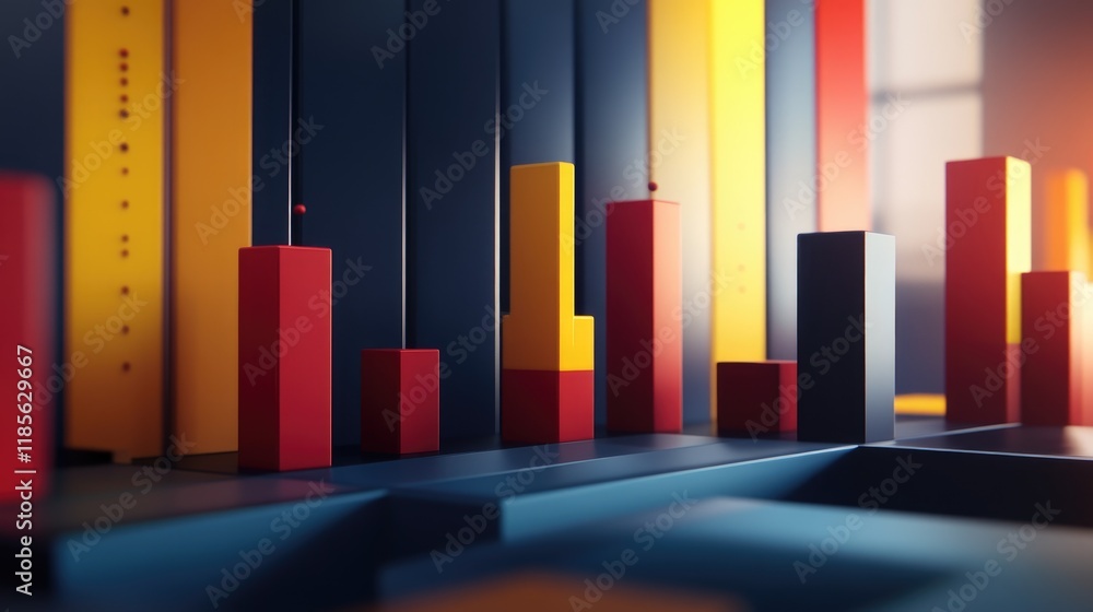 Poster a bold and colorful d bar chart with animated elements, showcasing fluctuating trends in a playful w