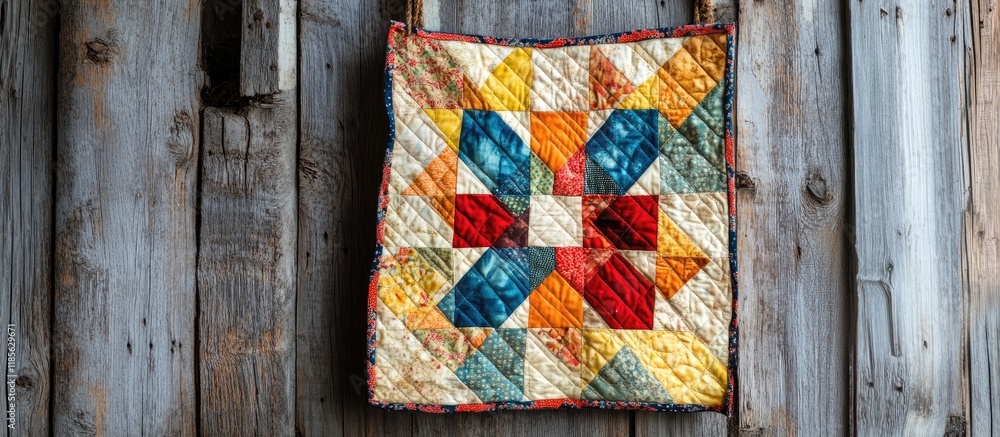 Poster Handmade quilt with vibrant patterns of squares and stars showcased on a rustic wooden background highlighting craftsmanship and texture