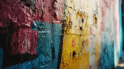 Colorful abstract wall art with weathered texture showcasing vibrant paint layers and urban aesthetics in a creative environment