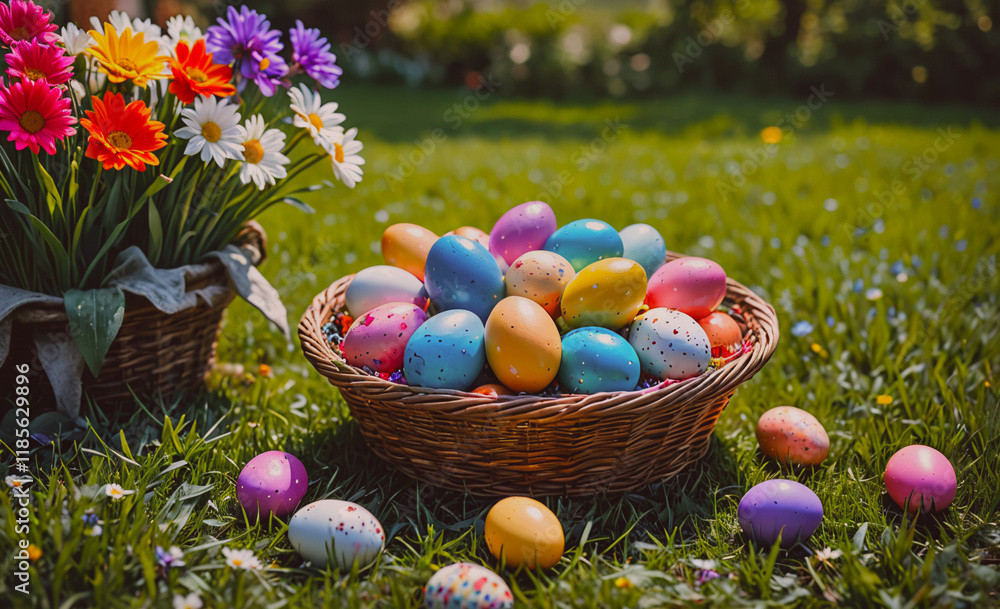 Poster basket full of easter eggs is on the grass. the basket is in the foreground and the eggs are scatter