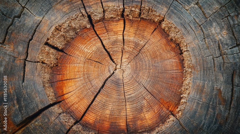 Aufkleber cross section of an ancient tree showcasing intricate textures and colors for a rustic wooden backgr
