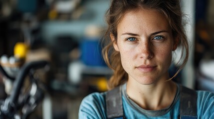Skilled female bicycle mechanic portrait in workshop with oil smudged face showcasing expertise in gear installation and repair tasks