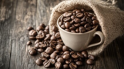 Fototapeta premium Mushroom Coffee Beans in a Rustic Setting Promoting Healthy Alternatives to Traditional Coffee Choices