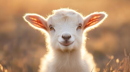 Playful baby goat portrait with soft sunlight in a meadow creating a warm and joyful atmosphere.