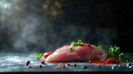 Fresh raw chicken fillet seasoned with spices on a rustic cutting board with a smoky background for culinary preparation
