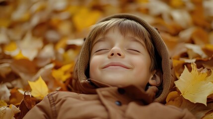 Fototapeta premium Joyful young boy relaxing in vibrant autumn leaves with a peaceful expression and cozy attire. Perfect for seasonal themes and family joy.