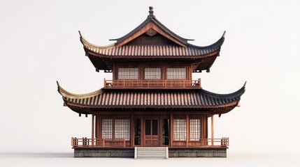 Naklejka premium Traditional pagoda architecture showcasing intricate wooden design and ornate rooflines in a serene setting.