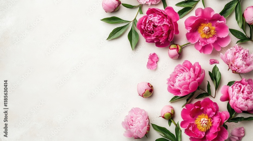 Poster pink peonies arranged on a light textured background with empty space for text in a flat lay composi