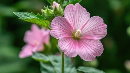 Fototapeta premium Delicate pink marshmallow flower with intricate petals surrounded by lush green foliage in a natural garden setting.