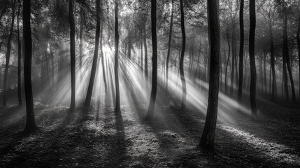Fototapeta premium serene forest scene with beams of light illuminating the misty landscape through tall trees in black and white photography