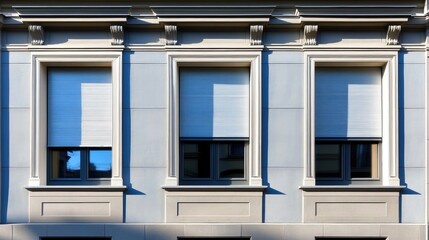 Renovated building facade featuring new muntin windows and front mounted roller shutters casting elegant shadows