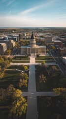 Aerial View Showcasing Kansas State Capitol in Topeka on a Sunny Day With Vibrant Greenery and City Landscape. Generative AI