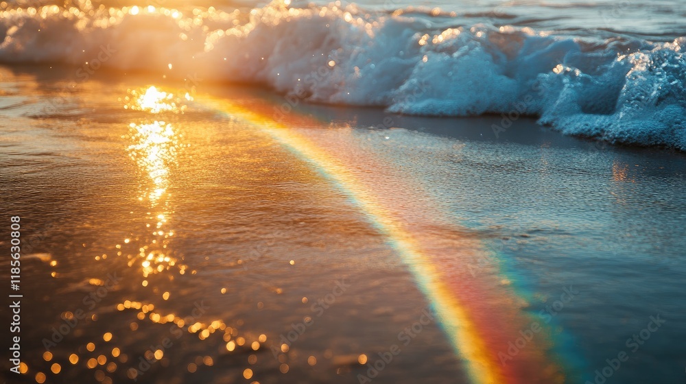 Poster rainbow reflection on ocean waves illuminated by sunlight creating a serene and colorful natural lan