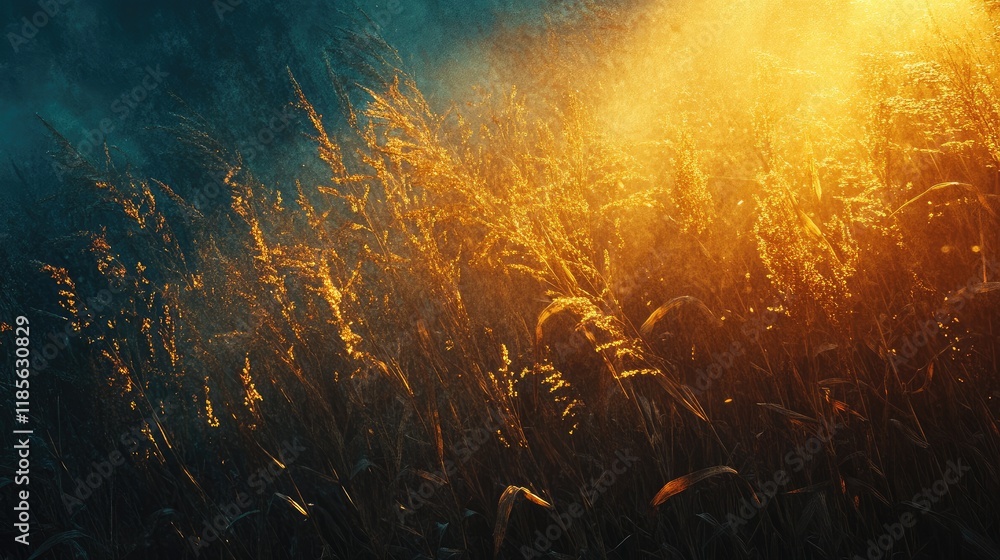 Poster golden sunlight illuminating a serene cornfield at dawn creating a tranquil and warm atmosphere in n
