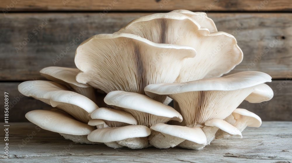 Poster elegant cluster of open oyster mushrooms showcasing unique layered structure on rustic wooden backgr