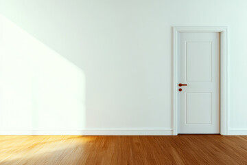 Fototapeta premium Bright empty room with a single door and wooden floor reflecting sunlight