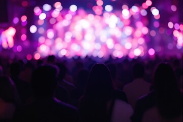 Silhouettes of a crowd at a live music event, blurred colorful bokeh lights in the background, vibrant pink and purple hues, concept of nightlife. Ai generative
