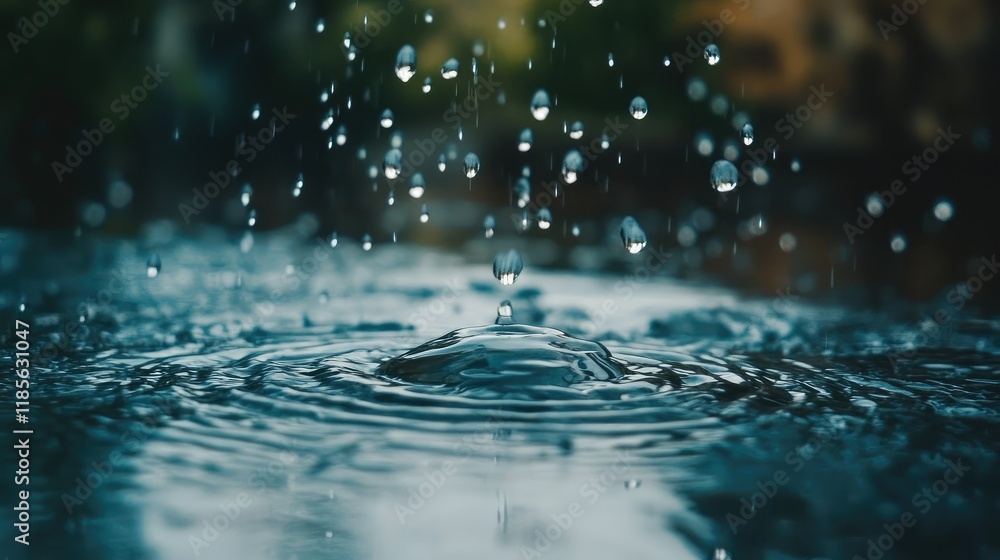 Poster raindrops creating beautiful ripples and reflections on water surface in natural setting