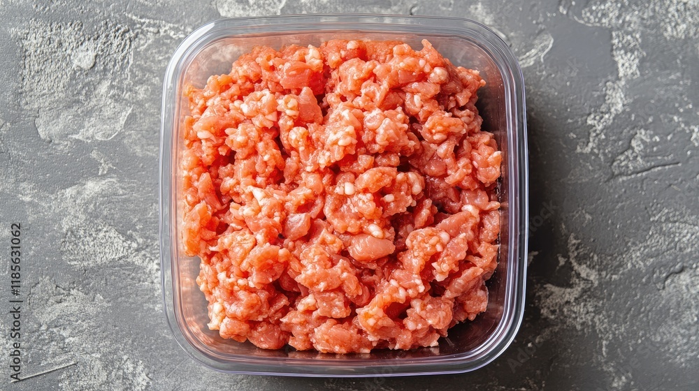 Aufkleber raw minced meat in clear plastic container on gray background top view ground beef preparation for c